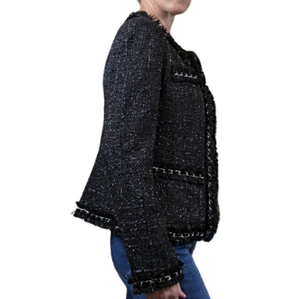 Boston Proper Parisian Shimmer Tweed Jacket SZ 10 Blazer Black Silver Chain Wool - Picture 2 of 10